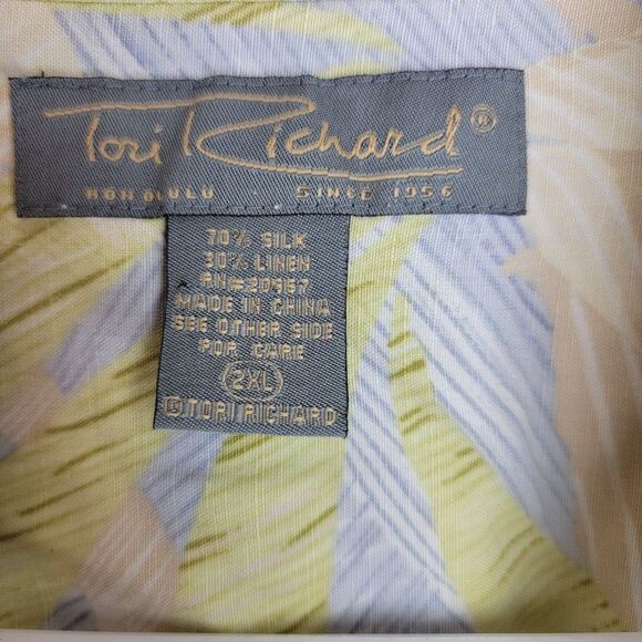 Tori Richard Mens Size 2XL Yellow Blue Silk Linen Tropical Short Sleeve Button U - Picture 3 of 6